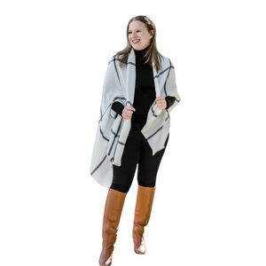 NEW J. Crew White & Black Windowpane Plaid Scarf Cape Wrap